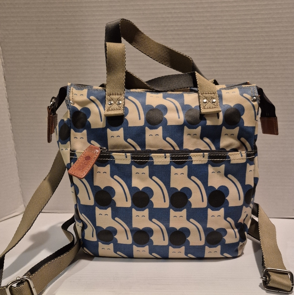 ORLA KIELY Back Pack Bue Black White Cat Design Coated Canvas